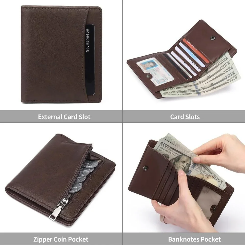 Men's A01 Brown Genuine Leather Minimalist Wallets Card Zipper Coin Pocket